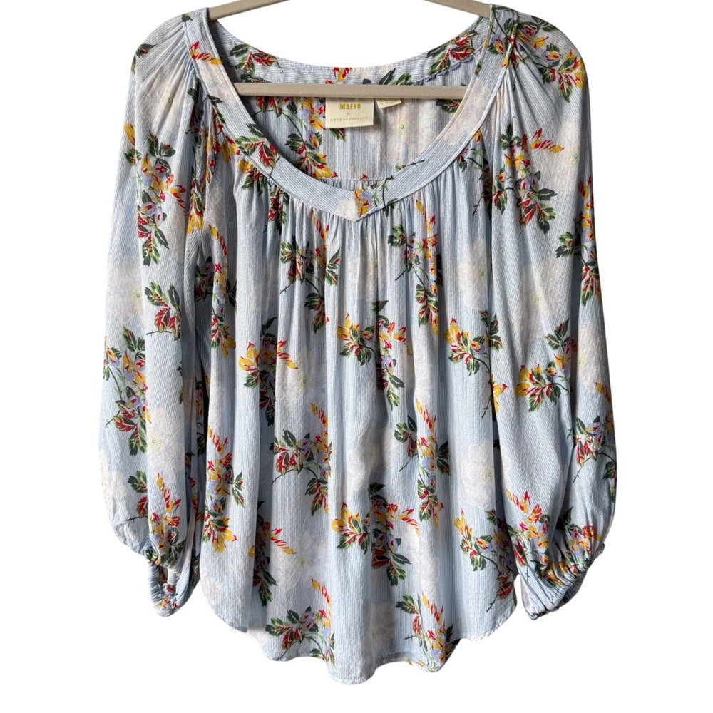 Maeve Anthropologie Floral Blouse Size 6 Blue Poet Long‎ Sleeve Top Medium